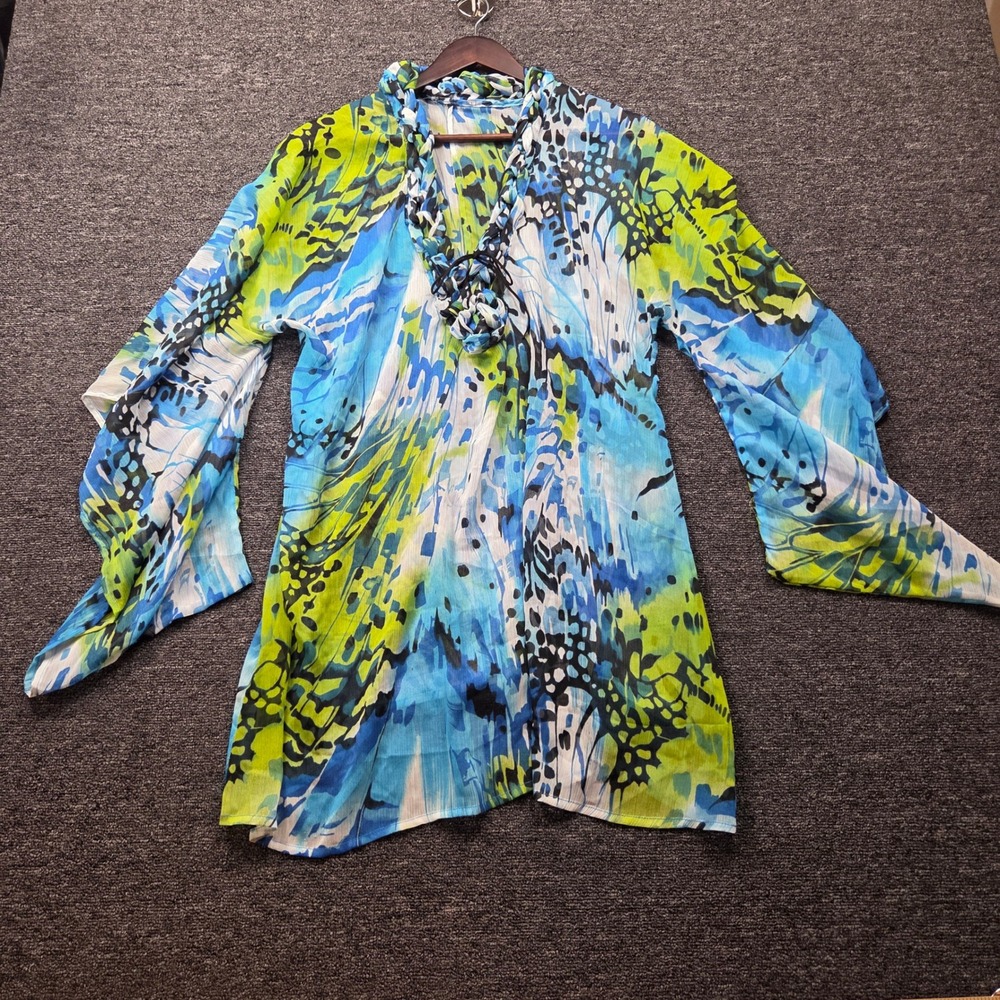 Unbranded Swim Cover Up Women OS Blue‎ Green Sheer Bell Sleeve Resortwear Bright